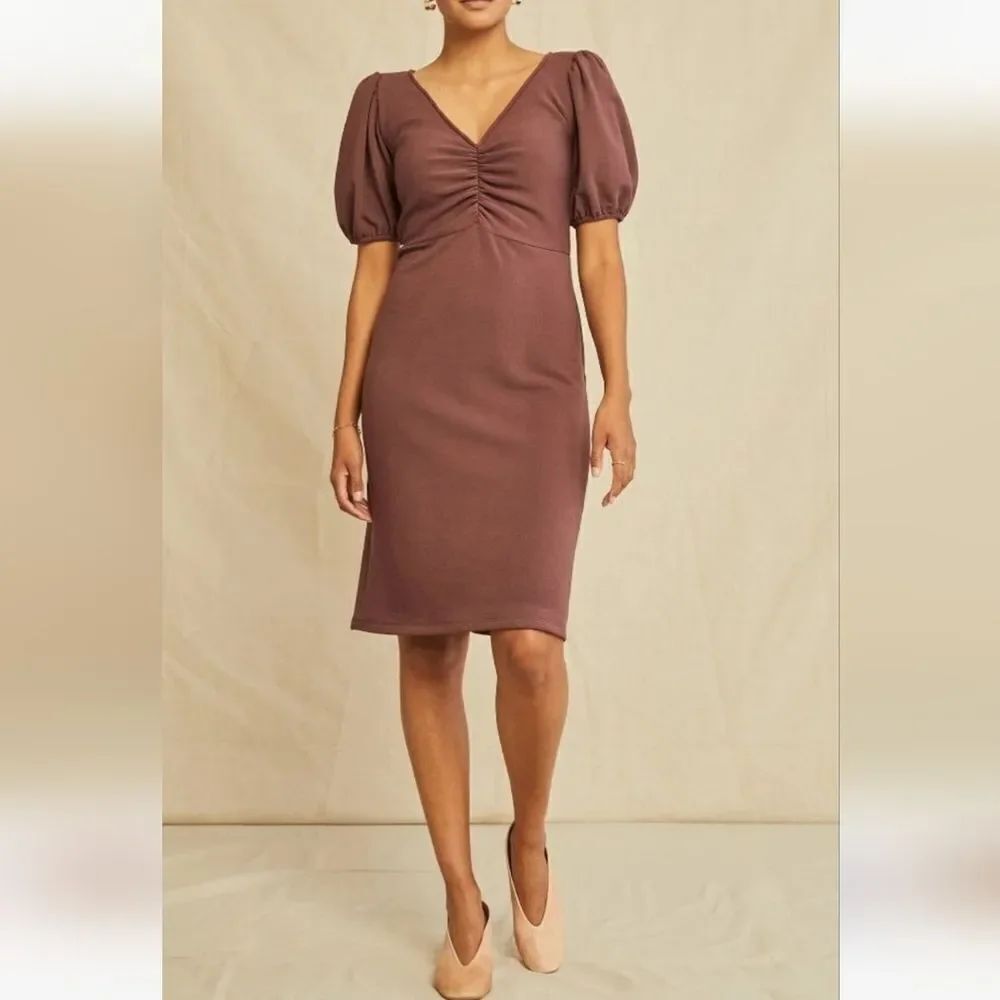 Amour Vert Tinsley Luxe Fleece V Neck Puff Sleeve Midi Dress NWOT